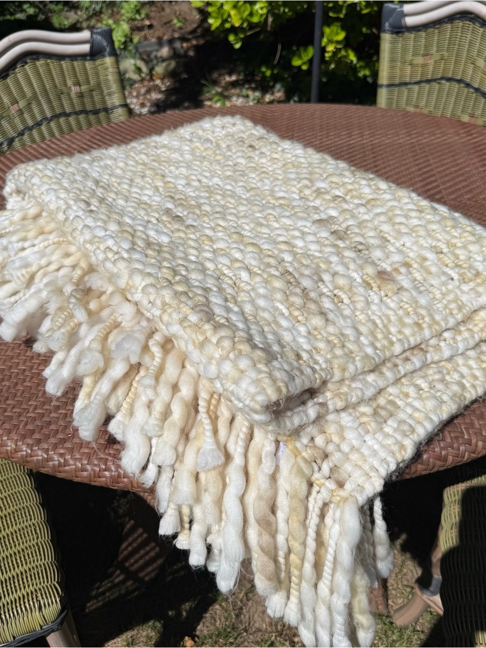 West Elm Marled Basketweave Throw 50x60 Cream Chunky Handwoven Fringe Blanket